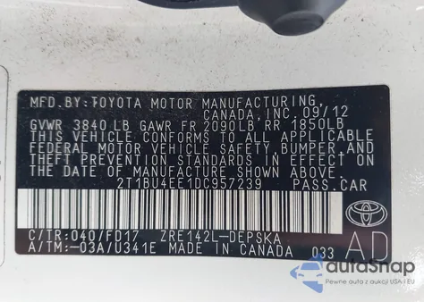 2013 Toyota Corolla S z USA, uszkodzony, nr VIN 2T1BU4EE1DC957239